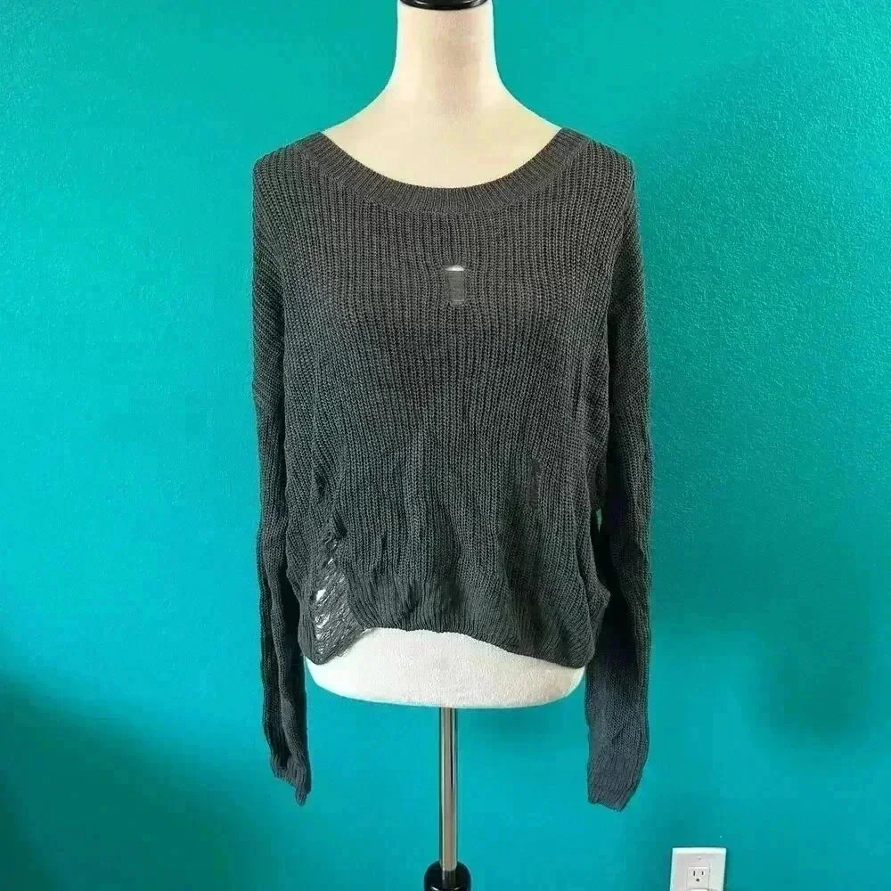 NWT Lovers + Friends Black Knit Distressed Pullover Sweater Size XL
